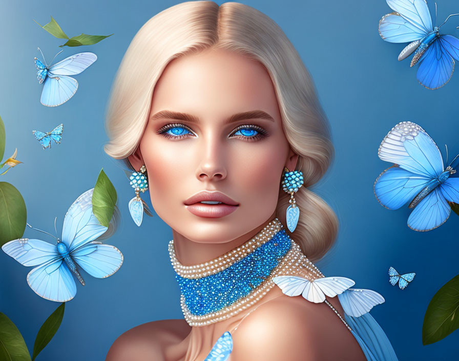 Illustration of woman with blue eyes, blonde hair, jewelry, and butterflies on blue background