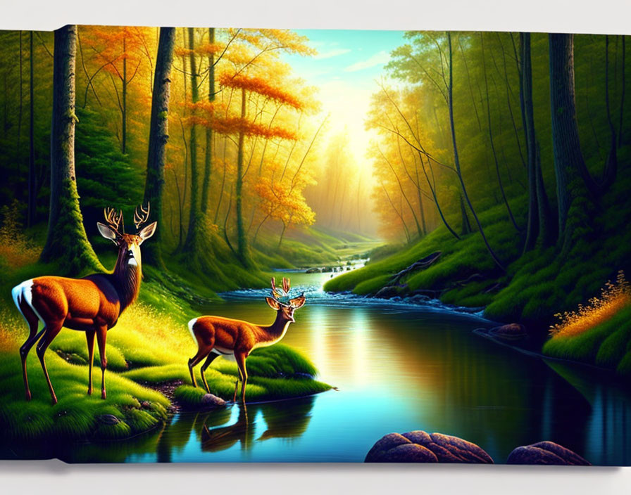 Autumn forest stream with two deer under sunlight