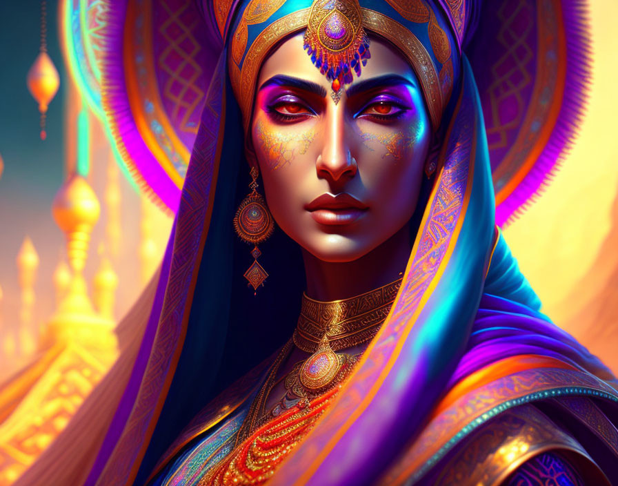 Vibrant digital art: Woman in royal attire against Middle-Eastern backdrop