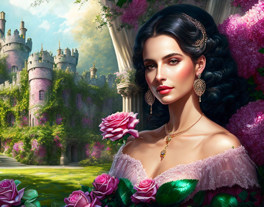 Dark-haired woman in pink dress by castle and roses