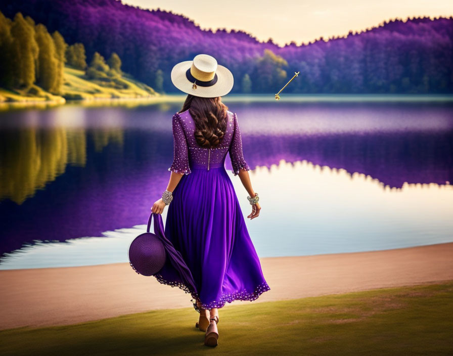 Woman in Purple Dress by Calm Lake at Sunset