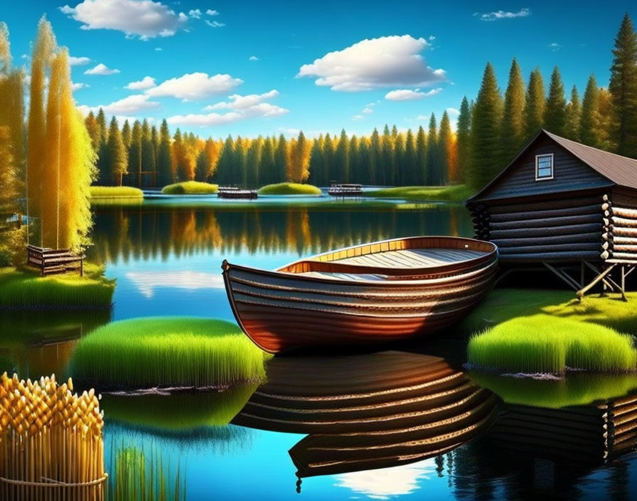 Tranquil lake scene with wooden boat, cabin, vibrant trees, and blue sky