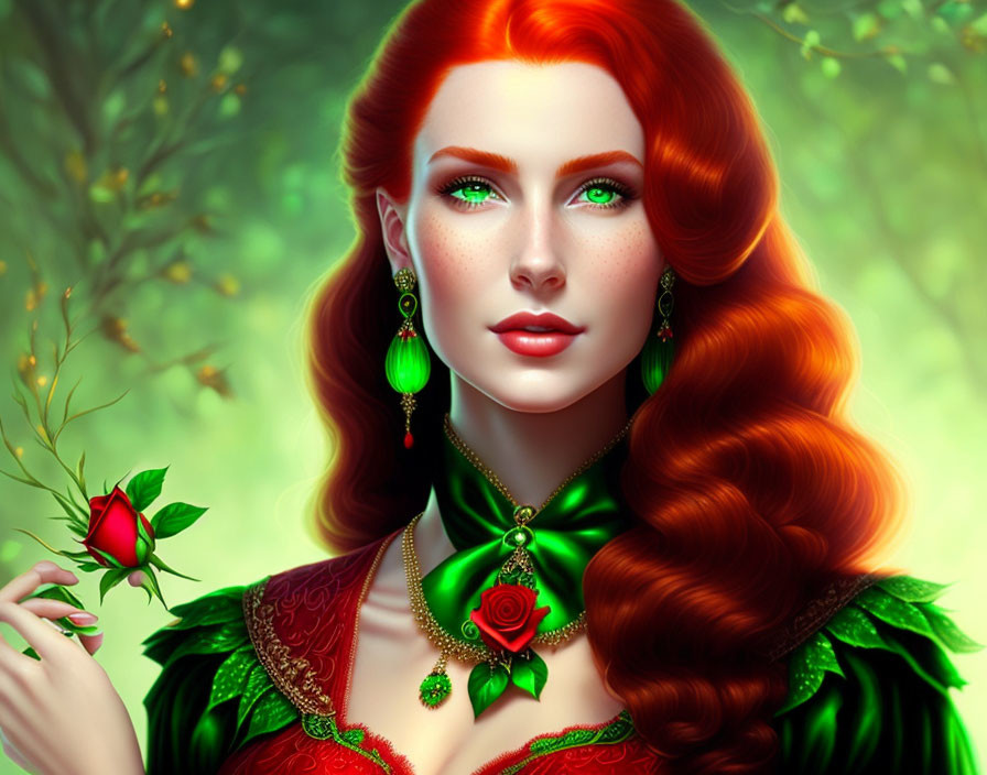 Vibrant red-haired woman in green attire with red rose on soft green backdrop