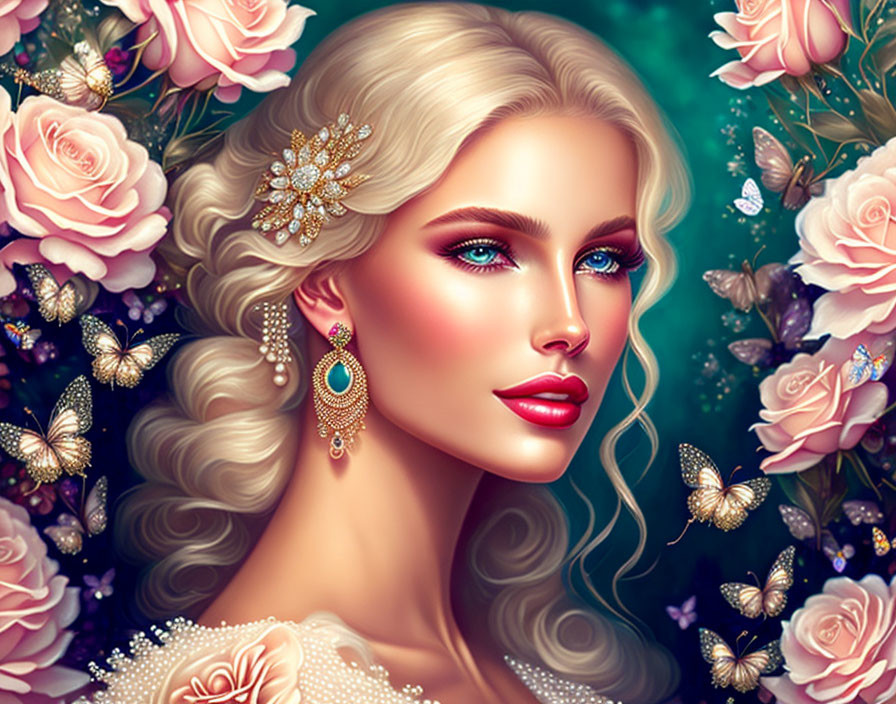 Blonde woman portrait with jeweled accessory, roses, butterflies, green eyes, pink lipstick