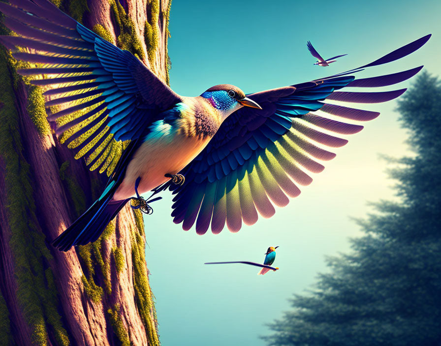 Colorful bird landing on tree branch in misty forest