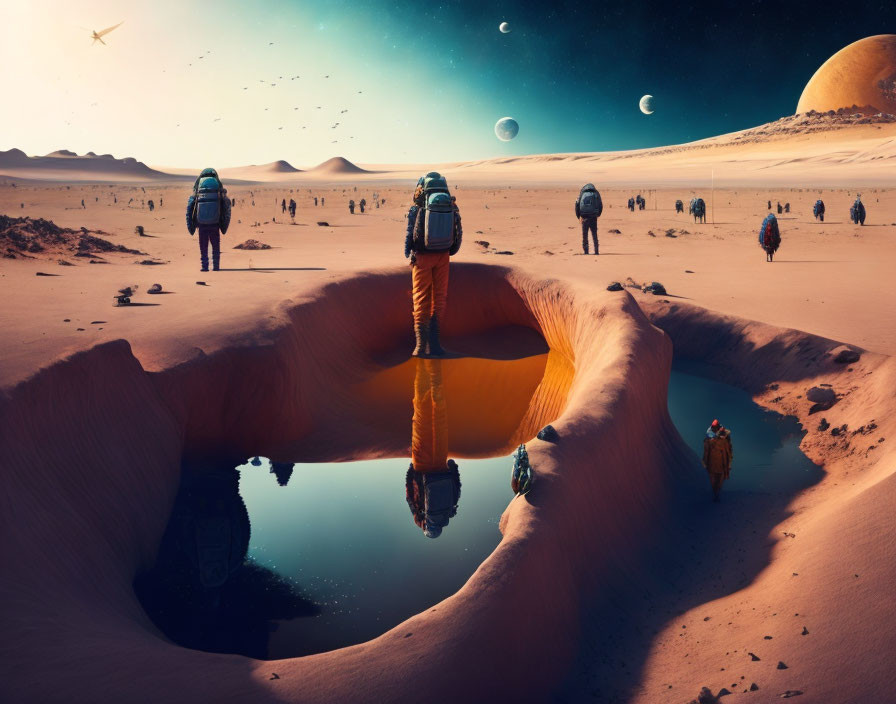 Astronauts in alien desert with multiple moons