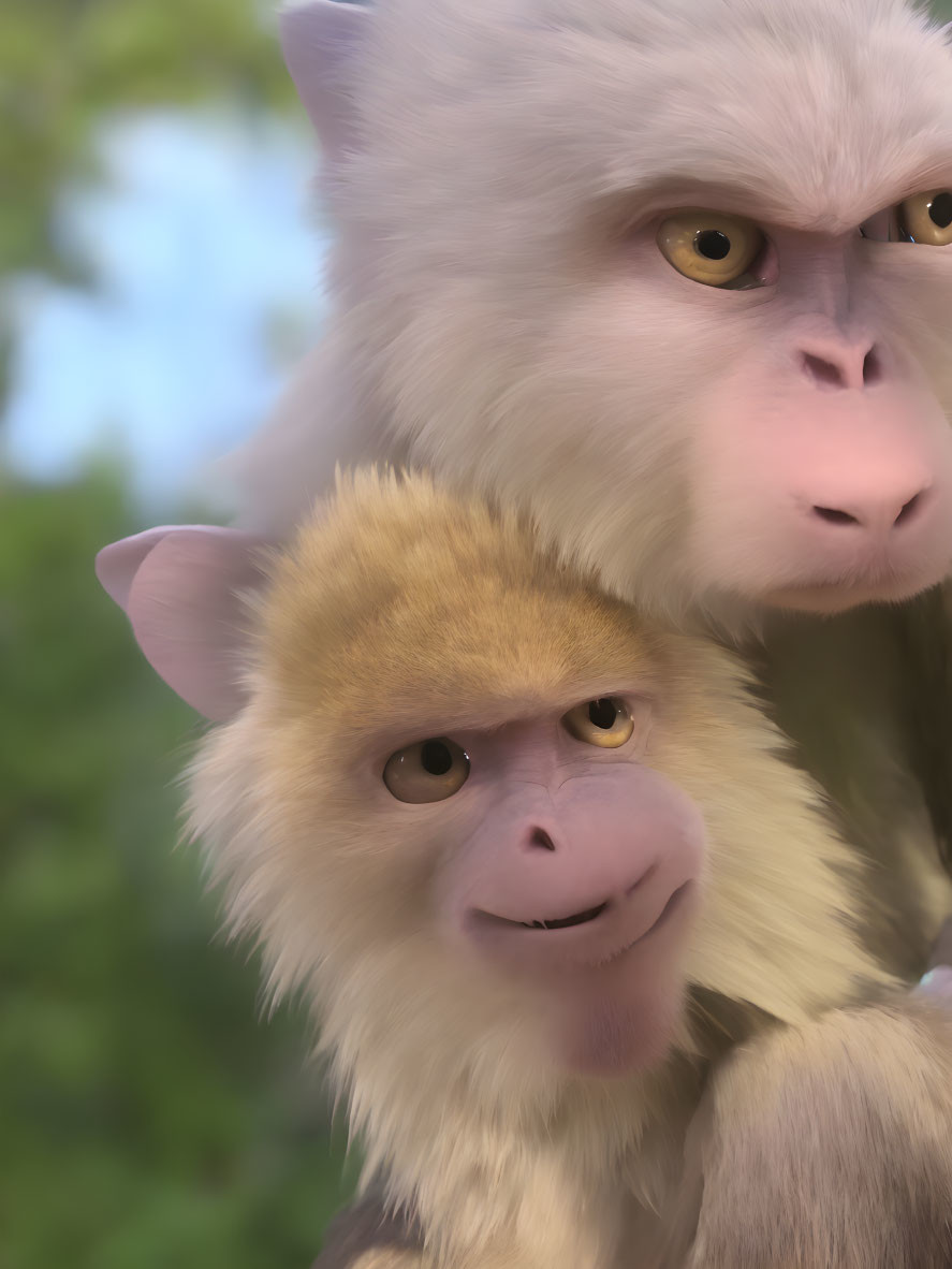 Two expressive animated monkeys: protective grey fur large monkey and contented smiling small brown monkey.