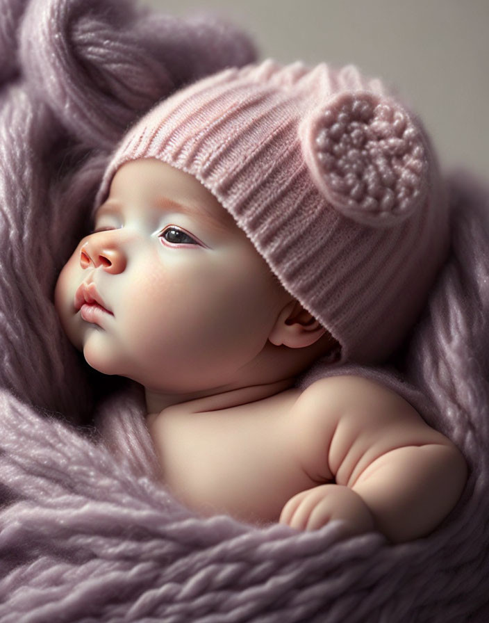 Serene baby in pink knitted hat on lilac blanket gazes peacefully