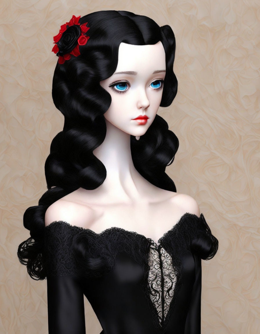 Pale-skinned doll with blue eyes, black wavy hair, red flower, and black off-