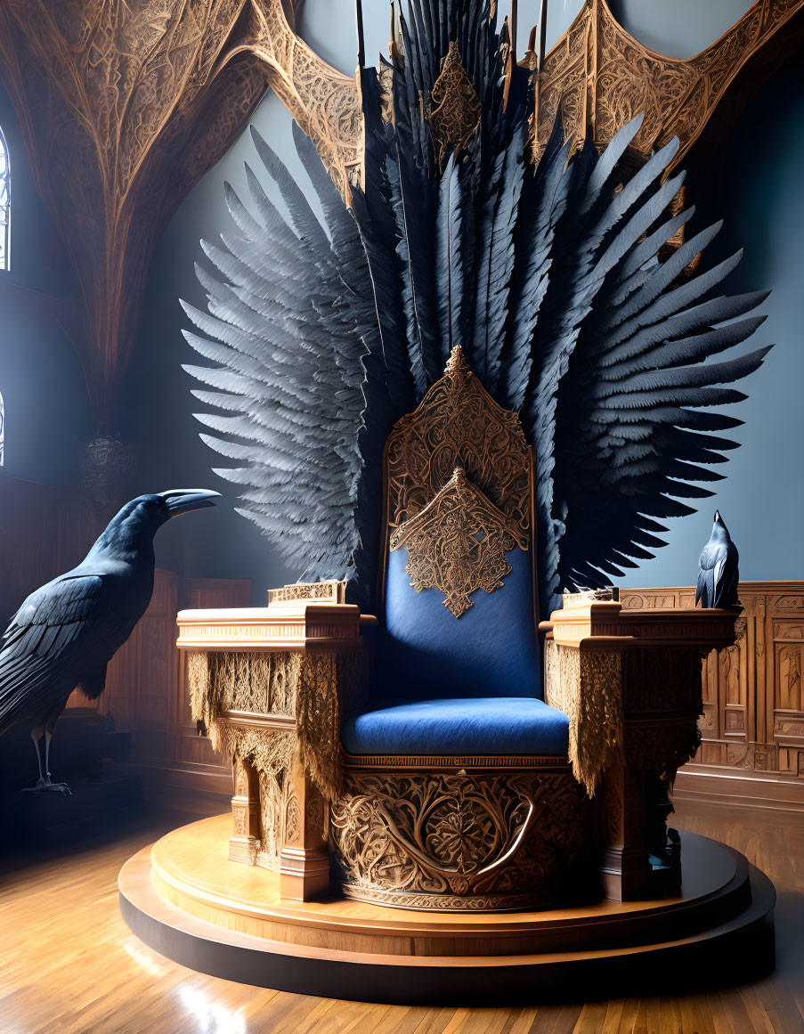 Ornate throne with dark feathered backrest and ravens in grand Gothic room