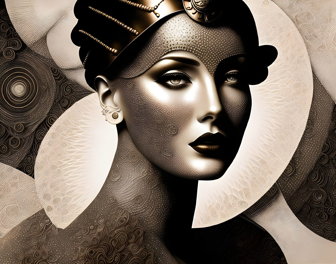 Stylized woman with headpiece and earrings on sepia background