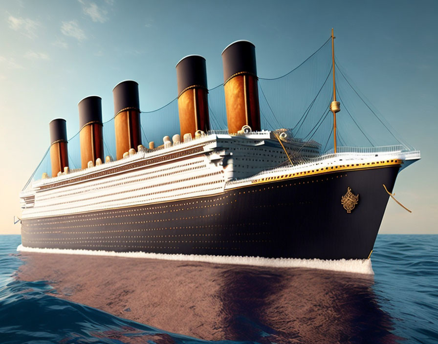 Vintage ocean liner with four smokestacks on calm seas