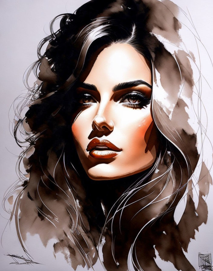 Detailed illustration of woman with voluminous brown hair and striking makeup.