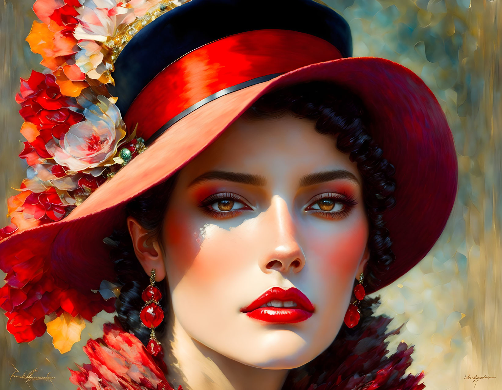 Portrait of Woman with Striking Red Lipstick and Red Hat Against Abstract Background