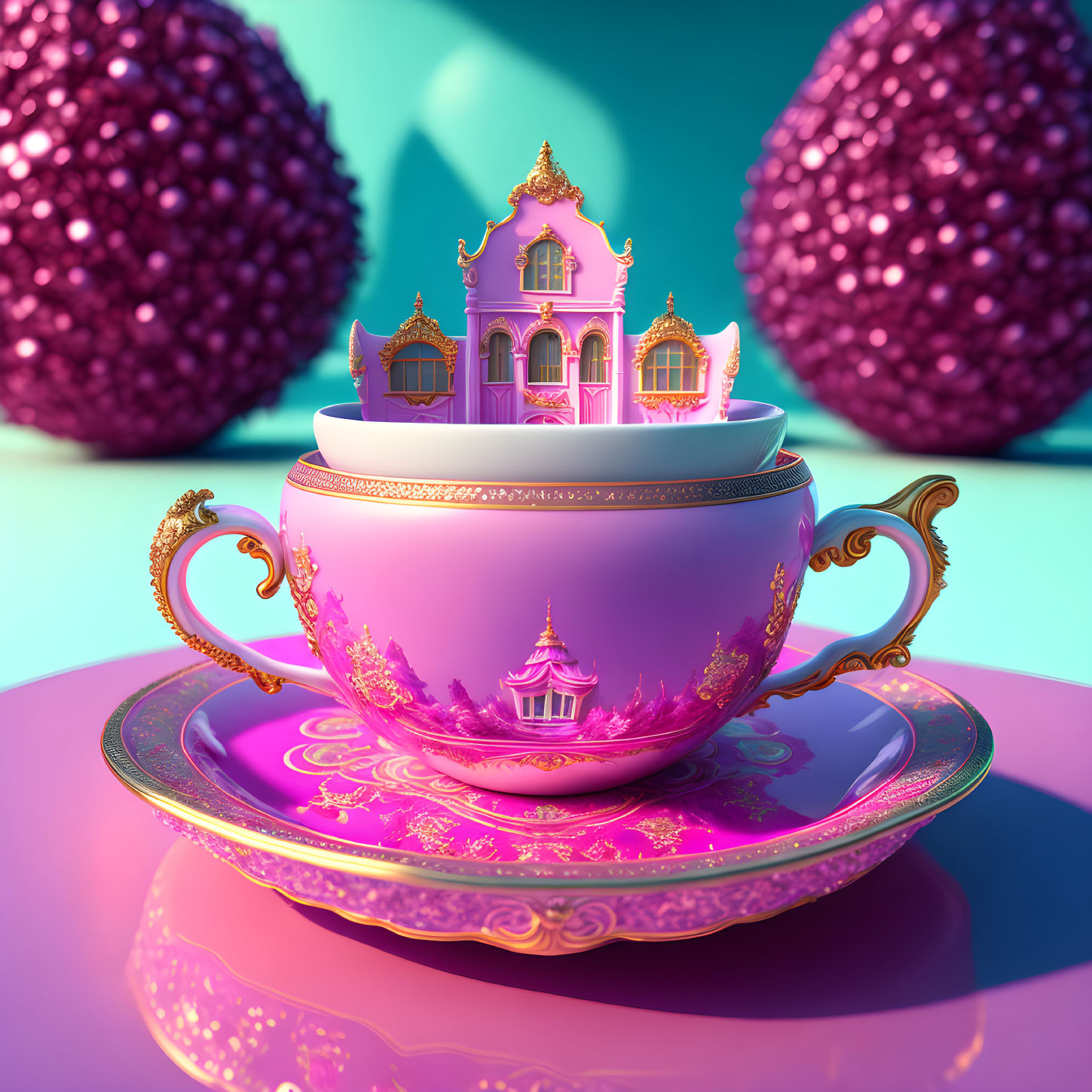 Pink Teacup with Gold Castle Design on Magenta and Turquoise Background