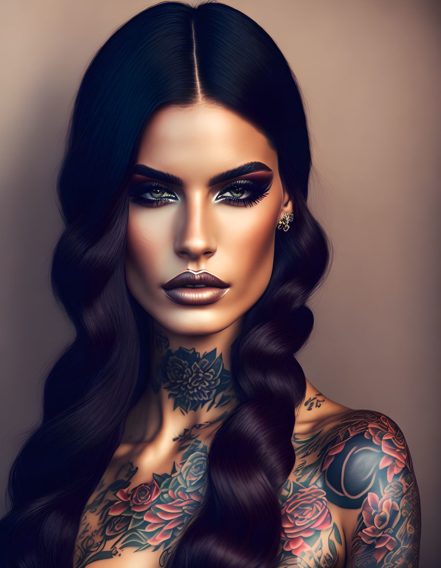 Digital portrait of woman with long dark wavy hair, striking makeup, and elaborate tattoos.