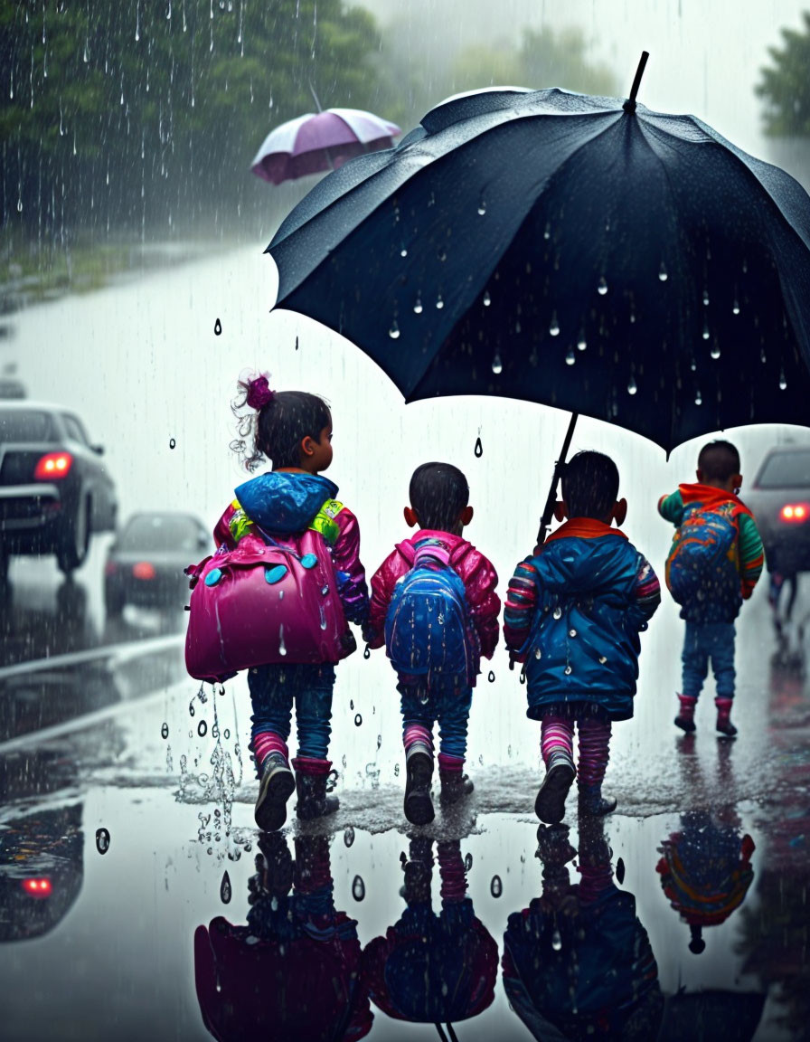 Three children under umbrella on rainy day with cars and wet road