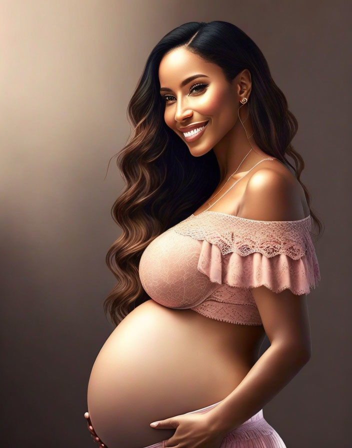 Pregnant woman in lace-trimmed off-shoulder top cradling belly on beige