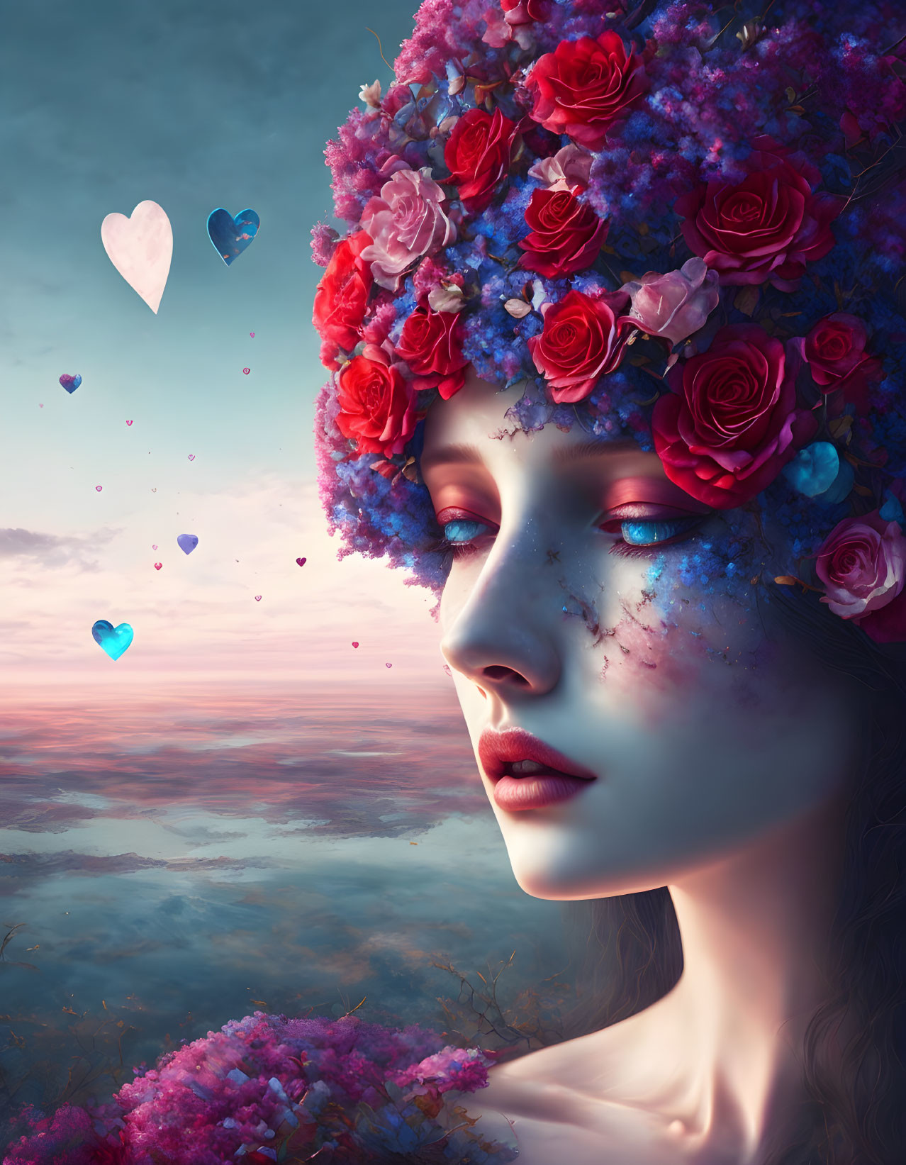 Woman with floral headdress and heart-shaped balloons in surreal setting