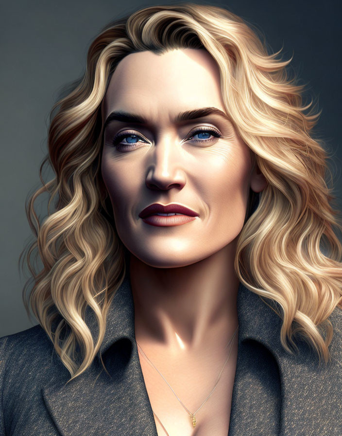 Blonde Curly-Haired Woman in Grey Blazer with Dark Lipstick