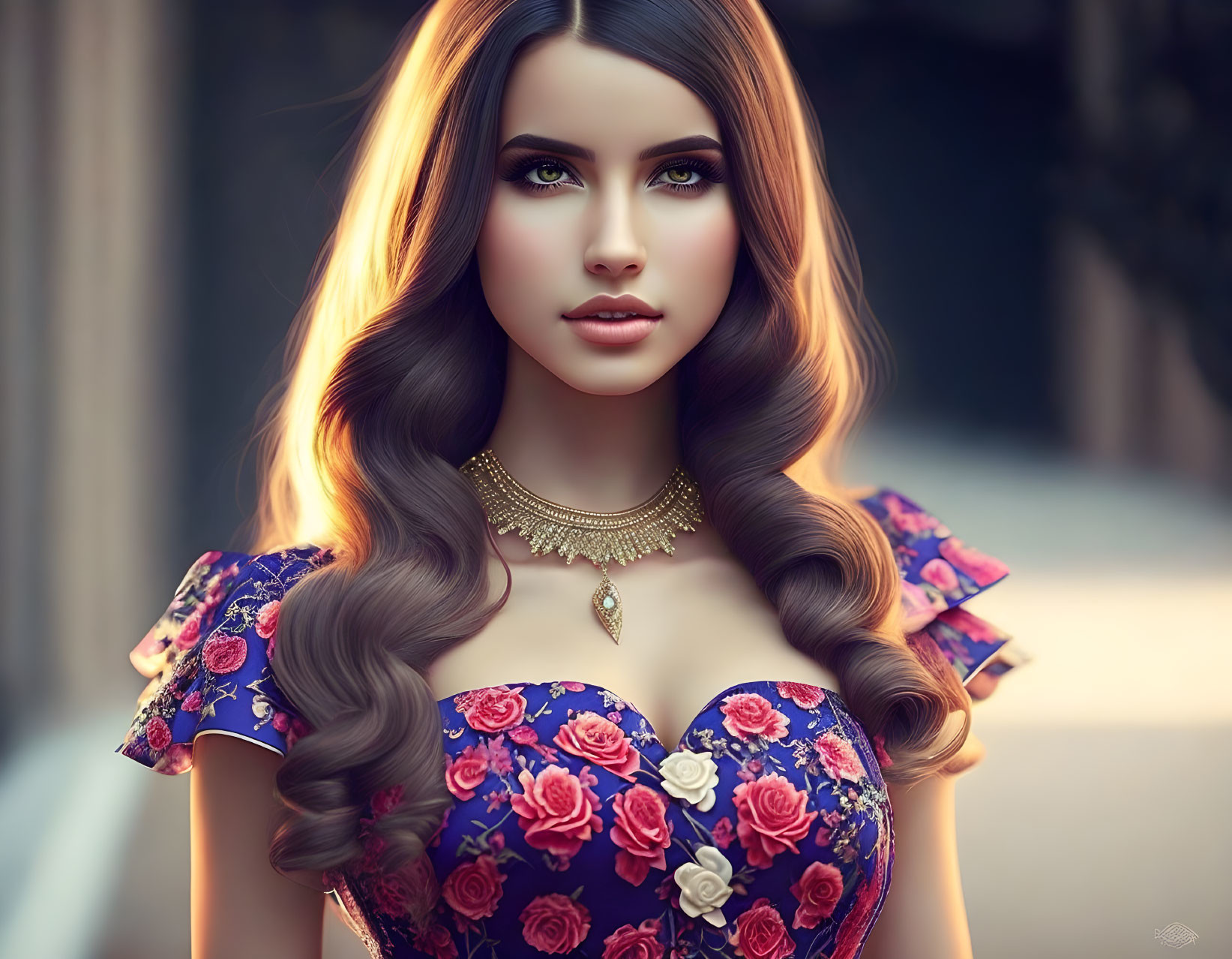 Woman with Long Wavy Hair in Floral Dress and Gold Necklace