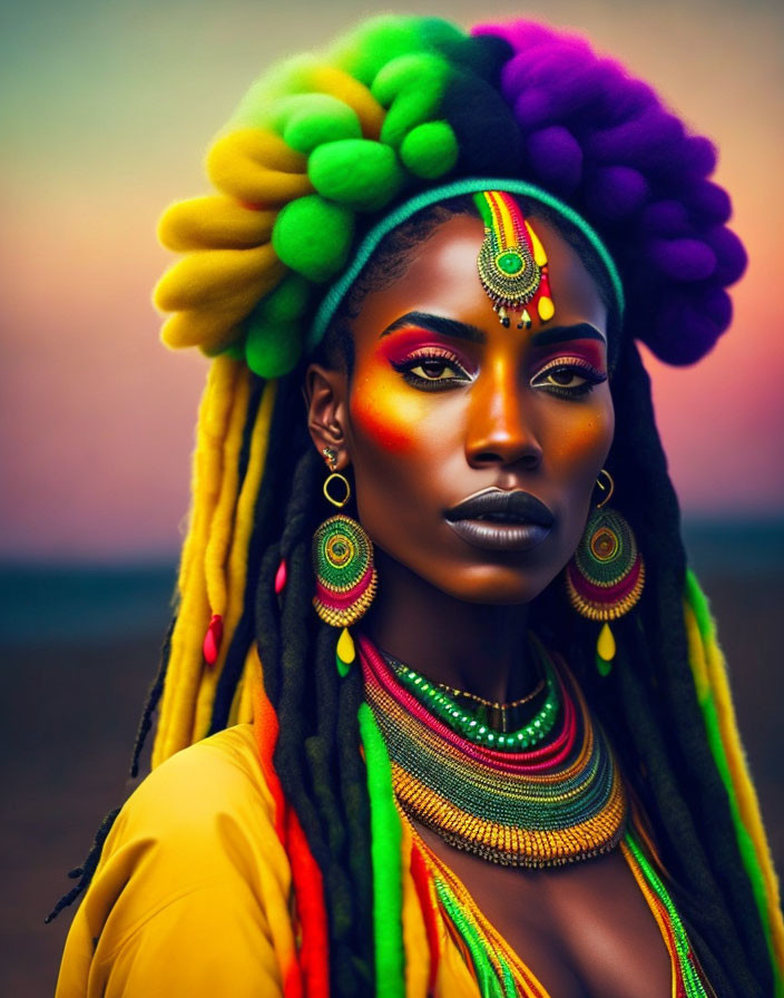 Colorful portrait of woman with vibrant dreadlocks and bold makeup against gradient backdrop