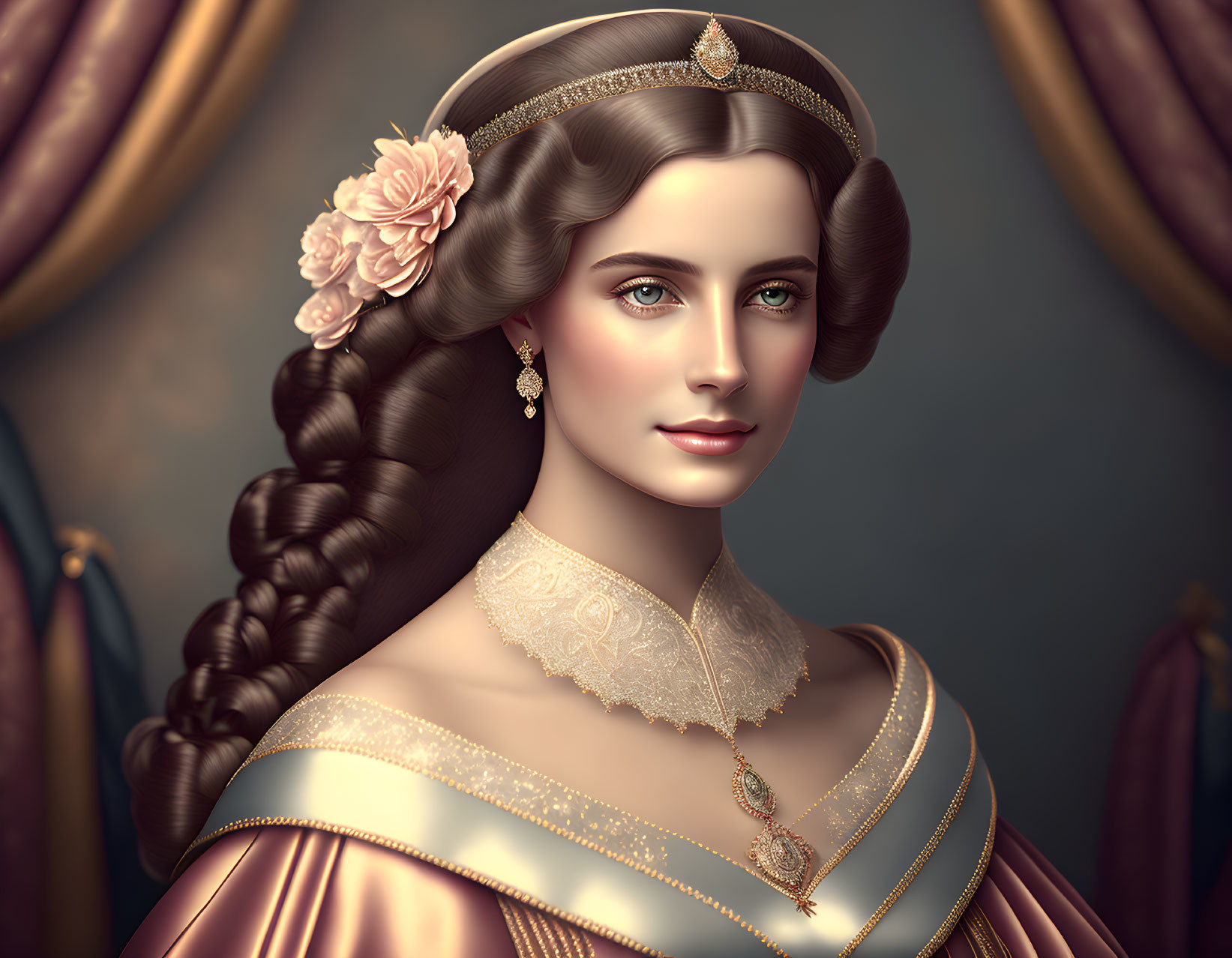 Victorian-era woman portrait with braided hairstyle and flower accessory.