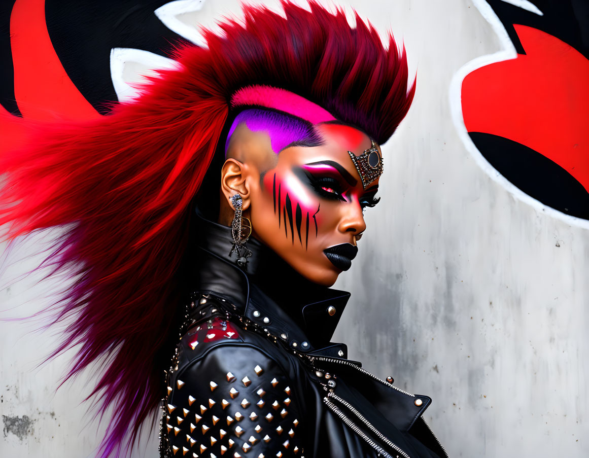 Red and Black Punk-Style Mohawk with Bold Purple Makeup and Studded Leather Outfit Against Gra