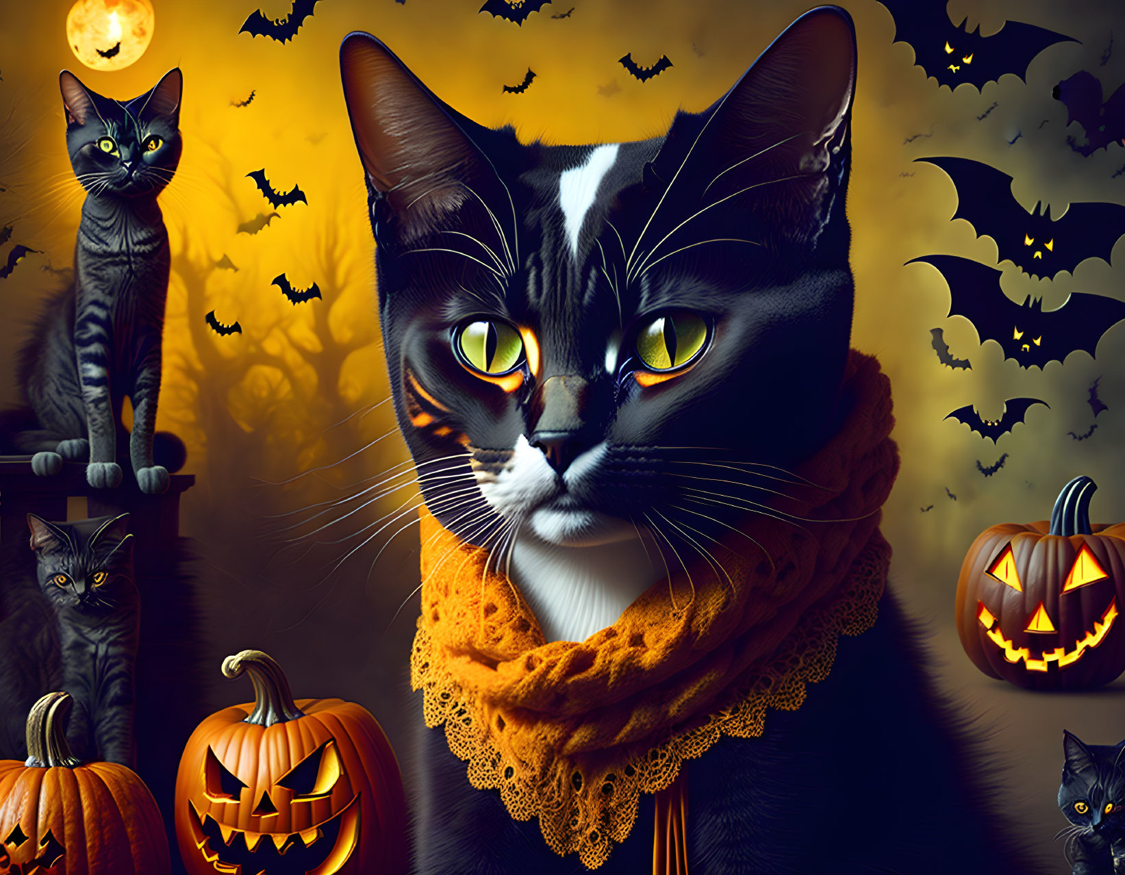 Black Cat with White Pattern and Orange Scarf Surrounded by Pumpkins and Bats