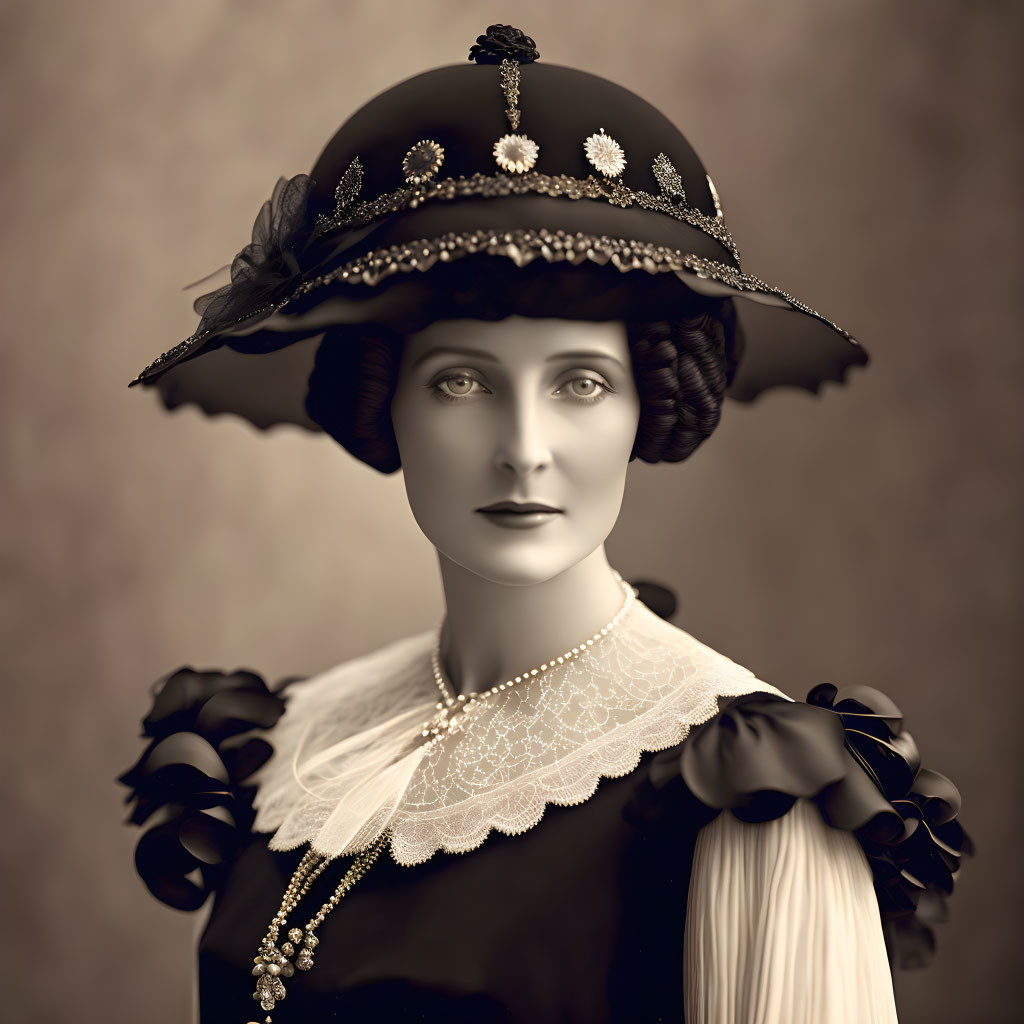 Vintage portrait of a woman in wide-brimmed hat and lace collar