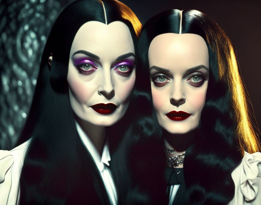 Two women with pale skin, dark hair, bold makeup: purple eyeshadow, red lipstick.