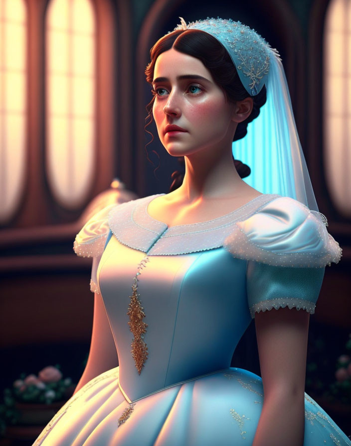 Digital artwork of woman in white and blue wedding dress with golden details by window.