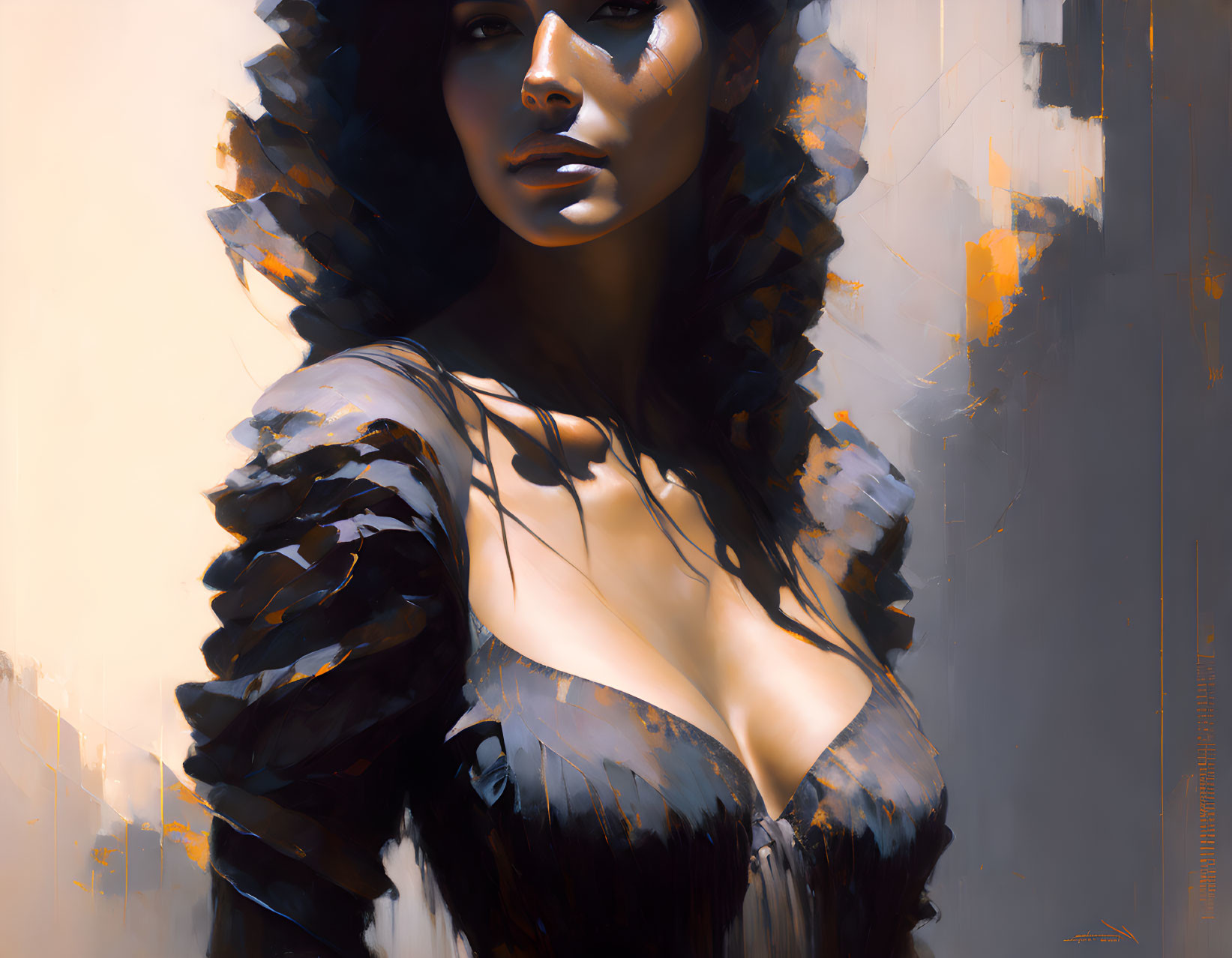 Dark-haired woman in ruffled black outfit digital painting