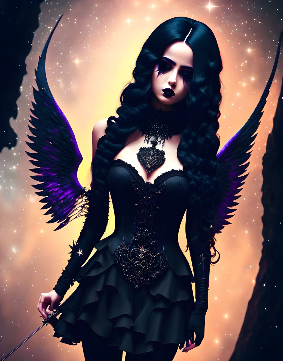 Gothic woman with dark angel wings in mystical forest at night