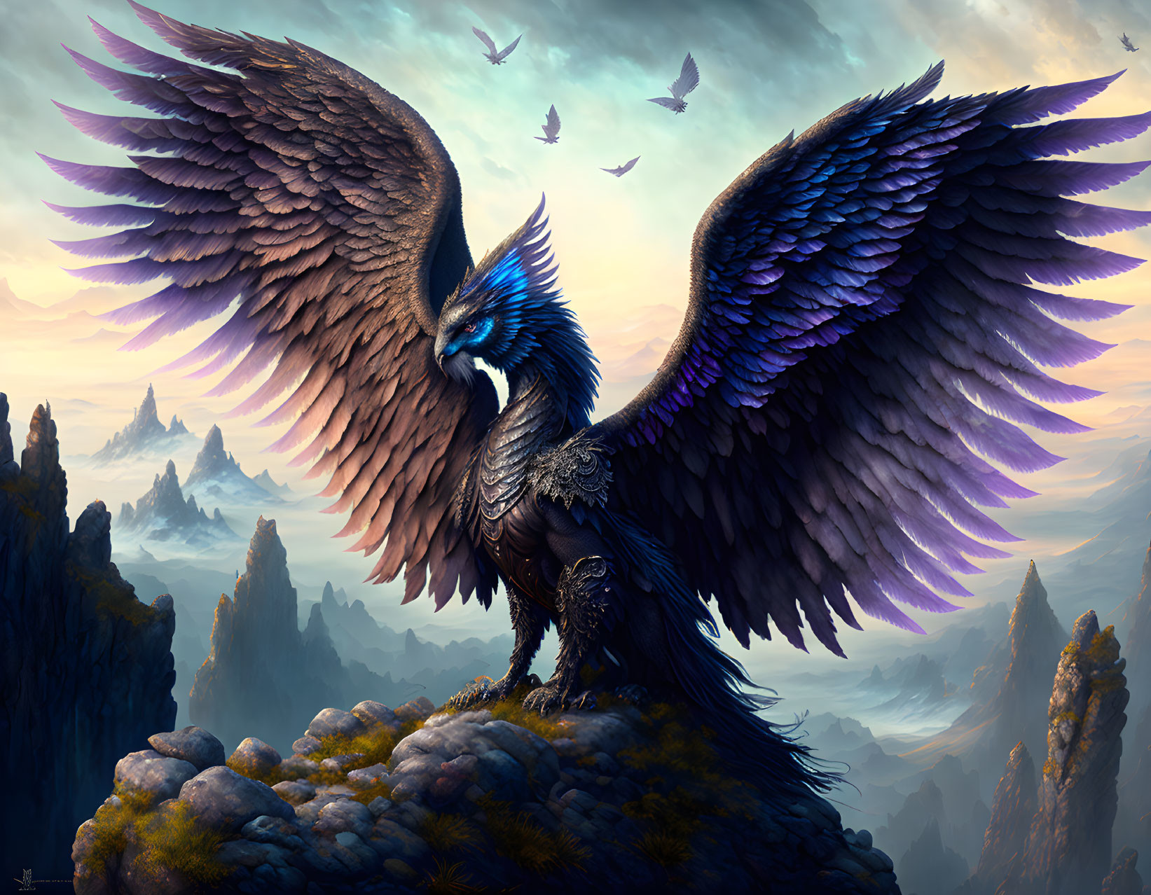 Majestic purple-winged griffin on rocky outcrop at twilight