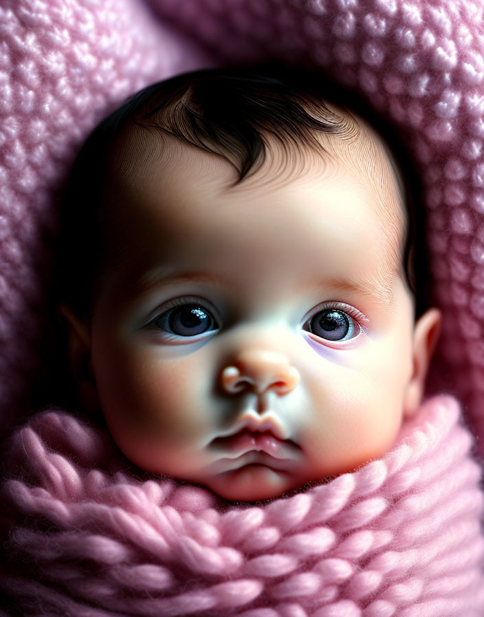 Baby with Big Blue Eyes Wrapped in Pink Knitted Blanket