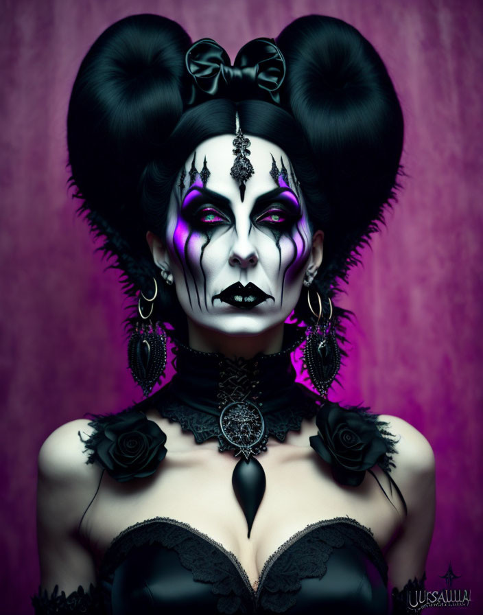 Dramatic gothic makeup and attire with ornate choker on purple backdrop