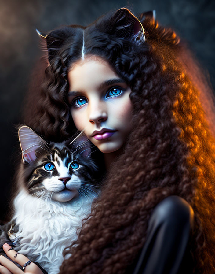 Blue-eyed girl with horns holding a cat in moody setting