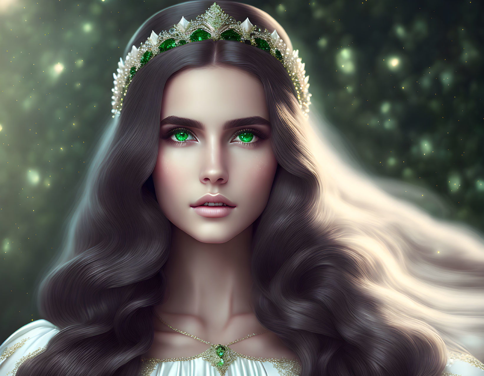 Vivid green-eyed woman with crown in digital portrait