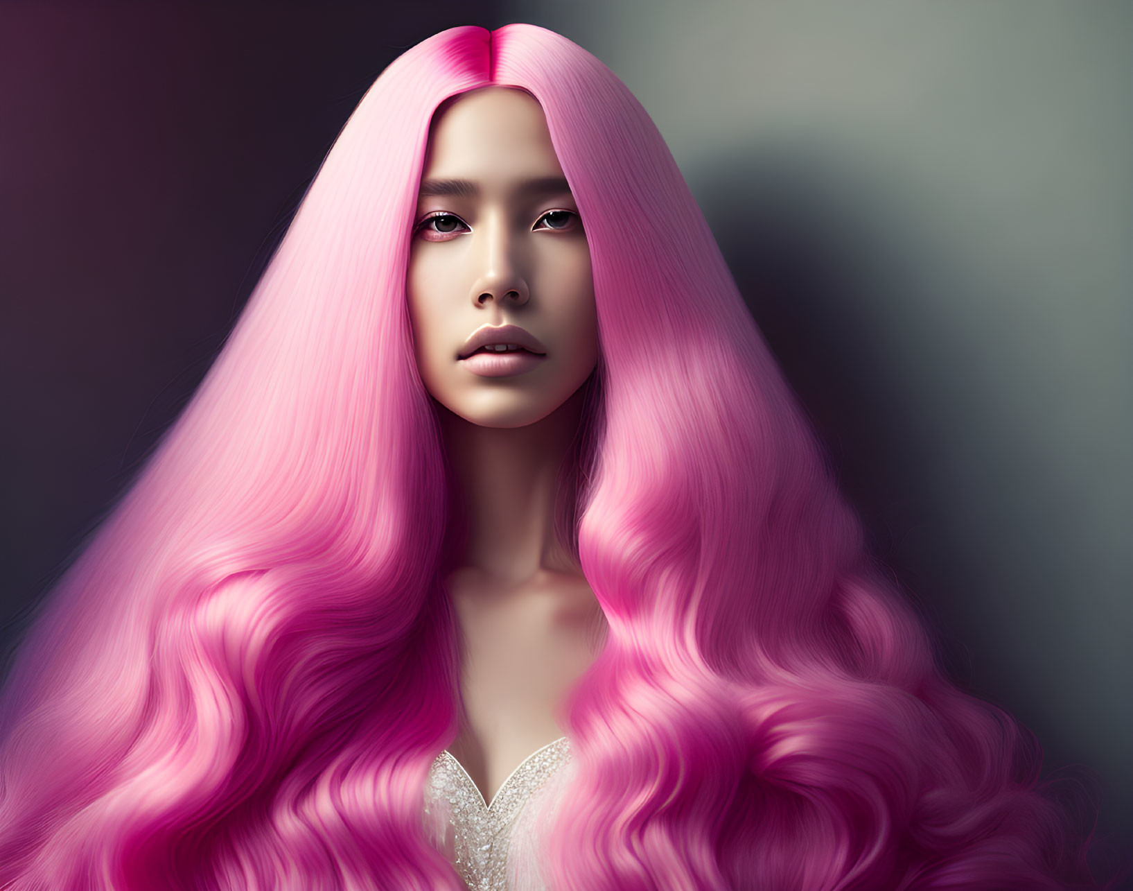 Digital artwork: Person with flowing pink hair and fair skin on dark background