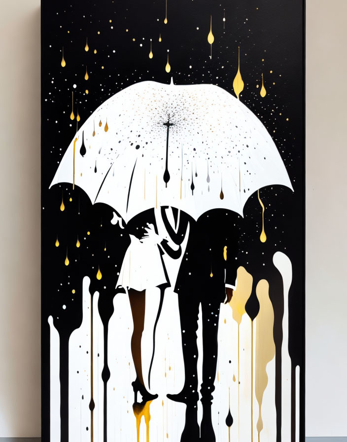 Silhouette of couple embracing under white umbrella with gold and white paint drips