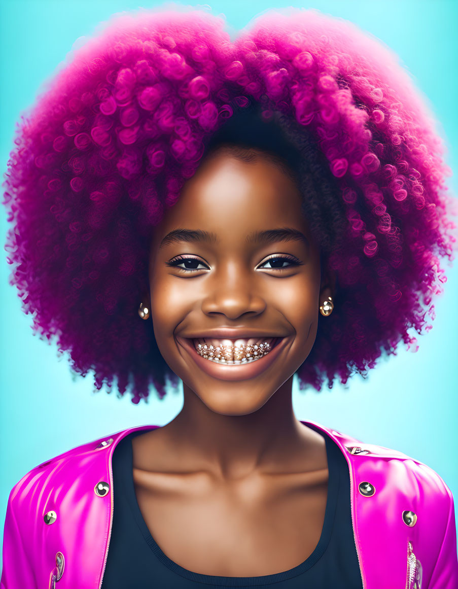 Smiling girl with pink afro, black top, pink jacket, and braces