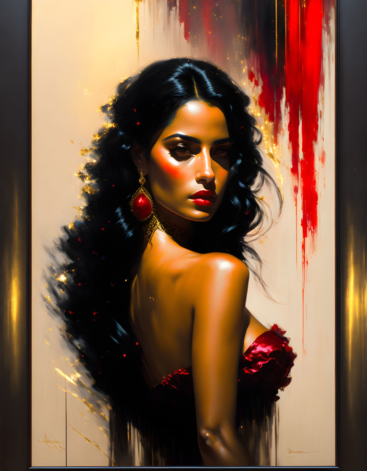 Portrait of woman with dark hair, red lips, red dress, earrings, against golden backdrop