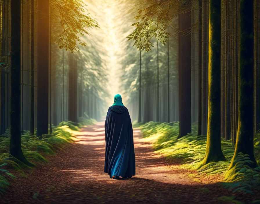 Solitary Figure in Blue Cloak on Forest Path with Sunlight Through Trees