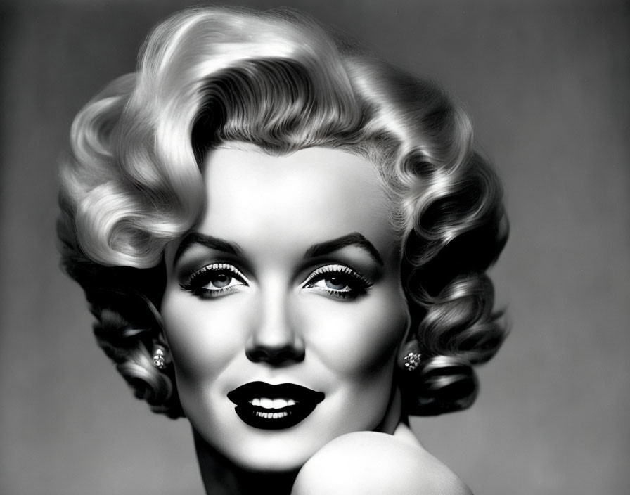 Monochrome portrait of woman with curly hair and classic makeup