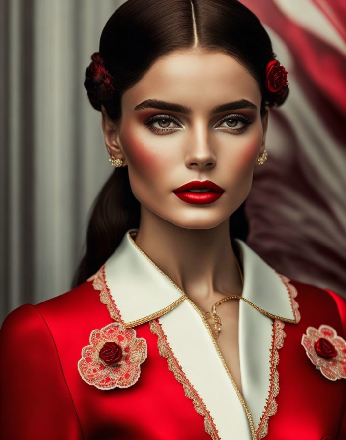 Woman in Red Dress with Striking Makeup and Rose Adornments posing by Curtain