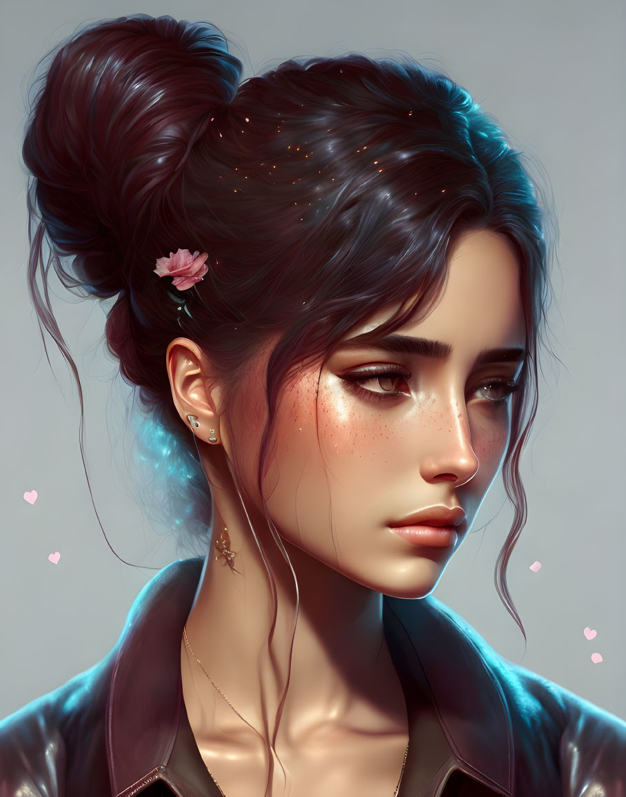 Illustrated portrait of a woman with messy bun and pink flower, freckles, sparkling accents,