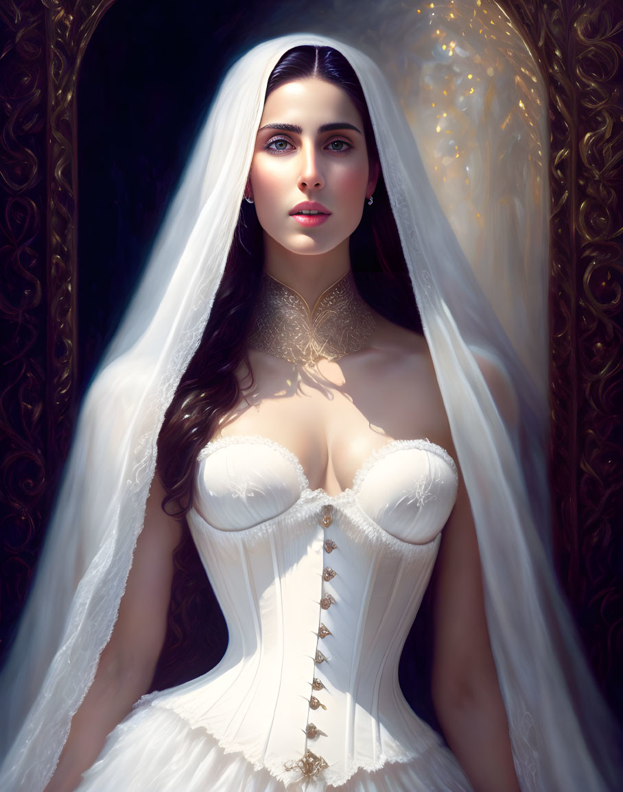 Bride in corset-style gown with veil in soft light