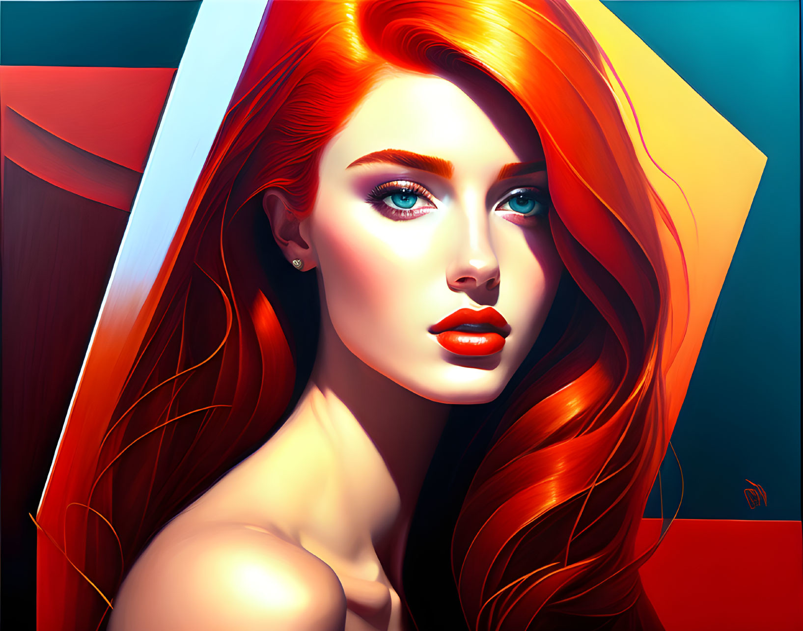 Vibrant woman illustration with red hair and blue eyes on geometric background