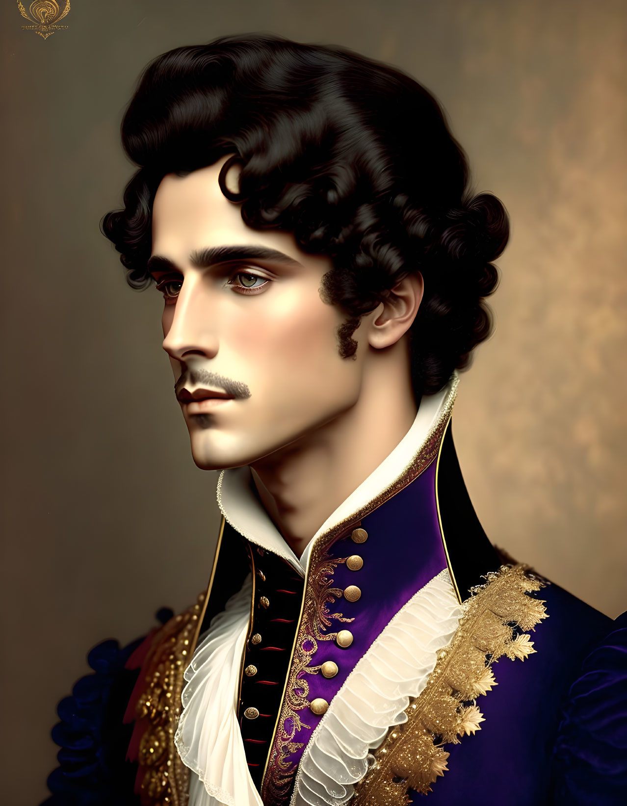 Illustrated portrait of man in regal purple military jacket with mustache